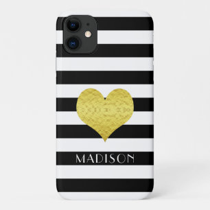 Black White Stripe Pattern Gold Heart Name Case-Mate iPhone Case