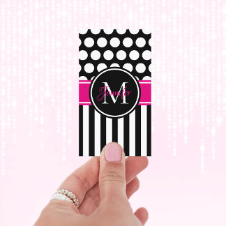 Black White Stripe Polka Dot Hot Pink Monogram Business Card