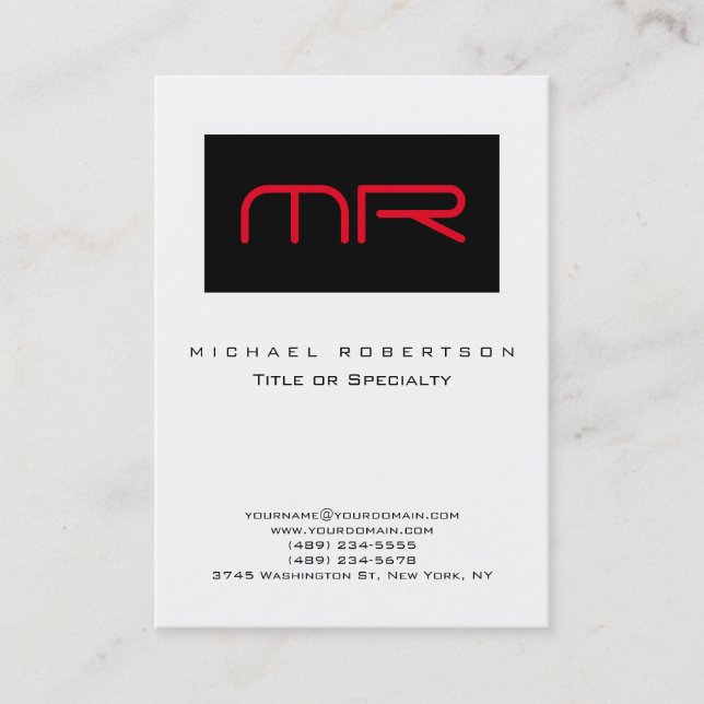 Black White Stripe Red Monogram Business Card (Front)