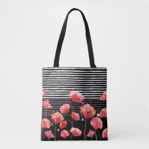 *~* Black White Stripe Red Poppy Pattern Tote Bag