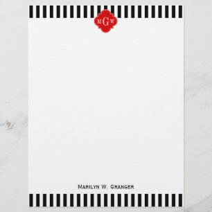Black White Stripe Red Quatrefoil 3 Monogram
