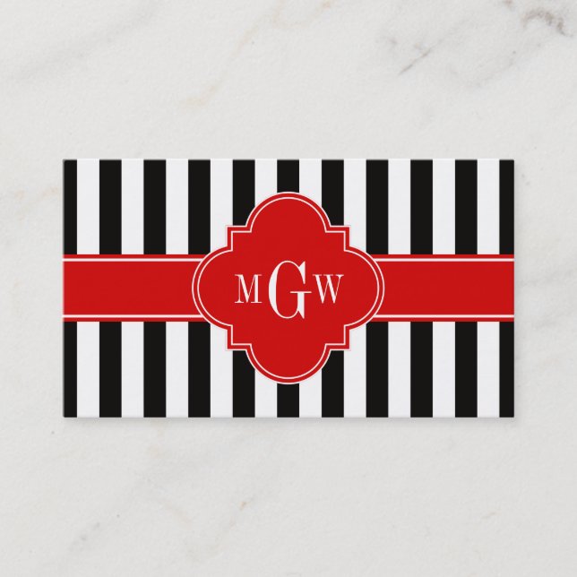 Black White Stripe Red Quatrefoil 3 Monogram Business Card (Front)