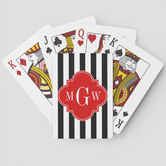 Black White Stripe Red Quatrefoil 3 Monogram Playing Cards (Back)