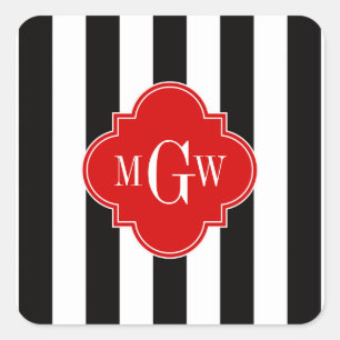 Black White Stripe Red Quatrefoil 3 Monogram Square Sticker