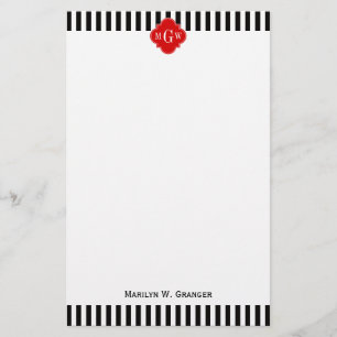 Black White Stripe Red Quatrefoil 3 Monogram Stationery