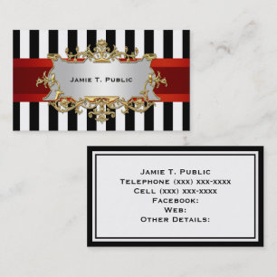 Black White Stripe, Red Ribbon, Gold Framed Label Business Card
