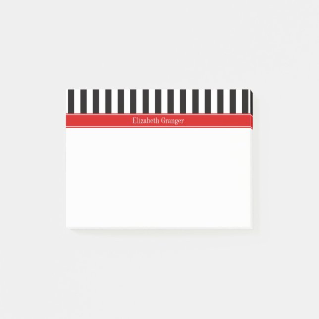 Black White Stripe Red Ribbon Name Monogram Post-it Notes (Front)