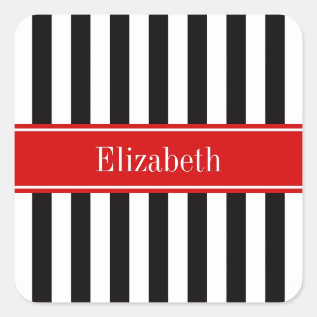Black White Stripe Red Ribbon Name Monogram Square Sticker (Front)