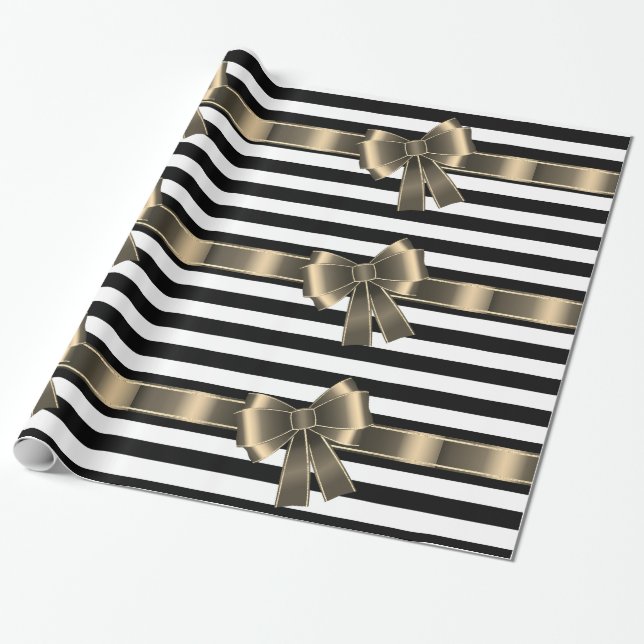 Black White STRIPE RIBBON BOW BIRTHDAY WRAP Wrapping Paper (Unrolled)