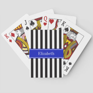 Black White Stripe Royal Blue Ribbon Name Monogram Playing Cards
