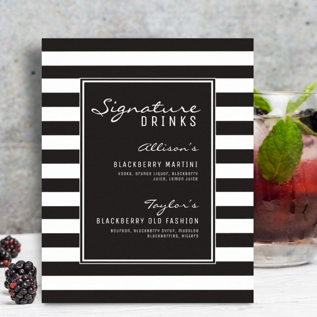 Black & White Stripe Signature Drinks Wedding Bar Poster (Creator Uploaded)