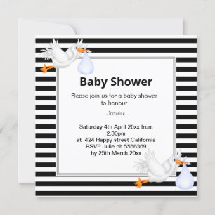 Black & White stripe Spot Stork baby shower Invitation