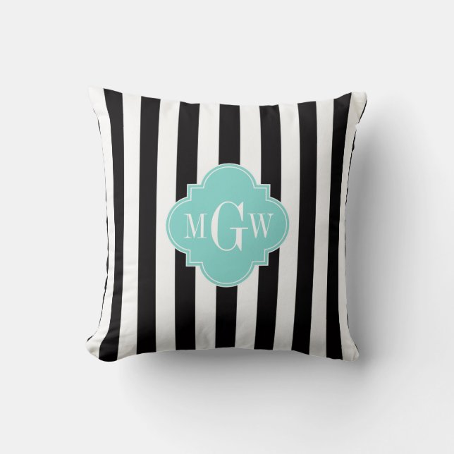 Black White Stripe Turquoise Quatrefoil 3 Monogram Cushion (Front)