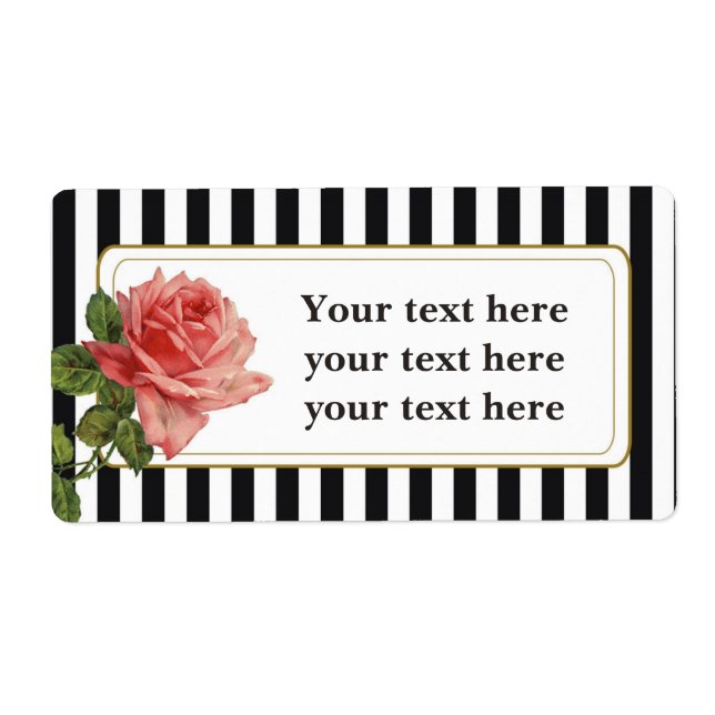Black White Stripe Vintage Rose Address Labels (Front)