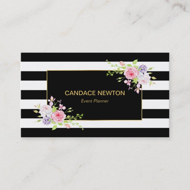 Black & White Stripe with Gold & Watercolor Roses Business Card (Front)