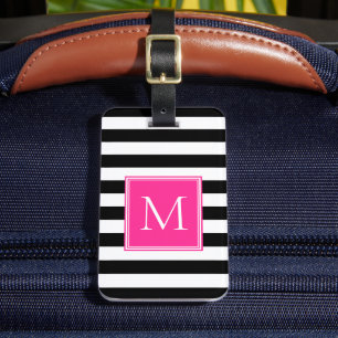 Black & White Stripe with Hot Pink Monogram Luggage Tag