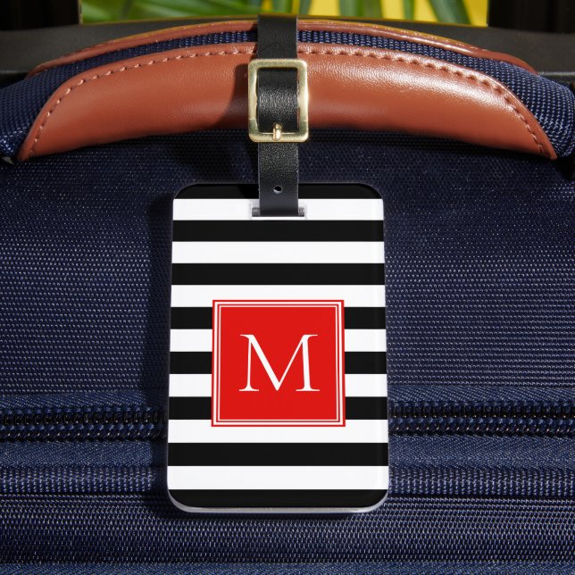 Black & White Stripe with Red Monogram Luggage Tag (Front Insitu 2)