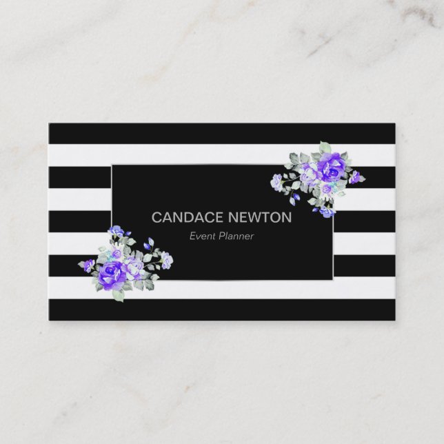 Black & White Stripe with Silver & Lavender Roses Business Card (Front)