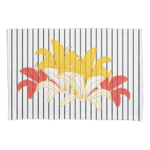 Black White Stripe Yellow Orange Lily Pillowcase