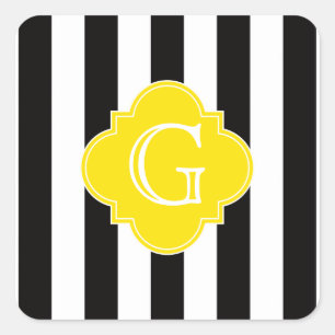 Black White Stripe Yellow Quatrefoil Monogram Square Sticker