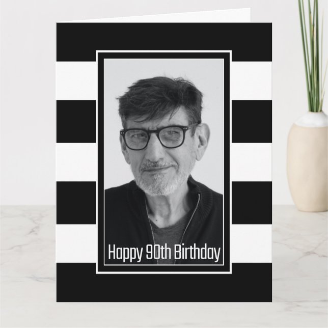 Black White Striped 90th Birthday Card (Front)