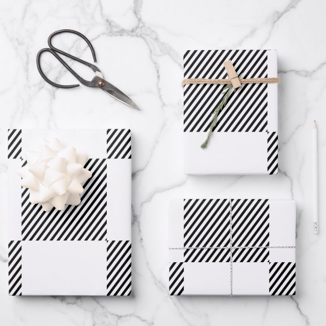 Black & White, Striped, Abstract, Check Wrapping Paper Sheet (Front)