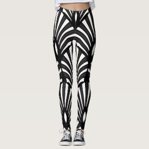 Black White Striped Art Deco Shell Pattern Leggings