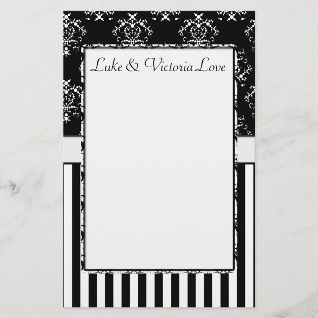 Black & White Striped Baroque Personalised Stationery (Front)