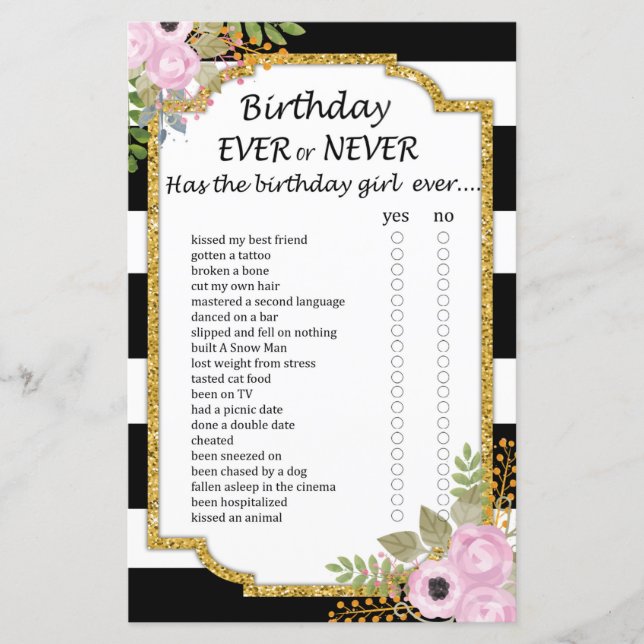 Black White Striped Birthday ever or never game (Front)
