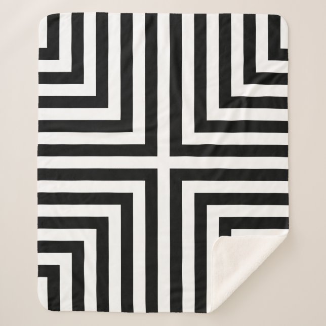 Black & White Striped Corner Box Repeat Pattern Sherpa Blanket (Front)