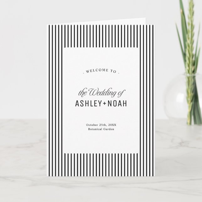 Black & White Striped Elegance Classy Wedding Programme (Front)
