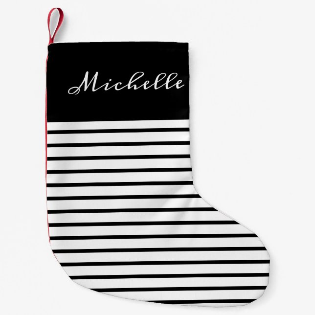 Black White Striped Elegant Customised Script Small Christmas Stocking (Front)