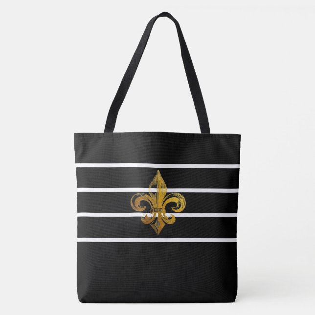 BLACK & WHITE STRIPED FLEUR DE LIS DESIGN TOTE BAG (Front)
