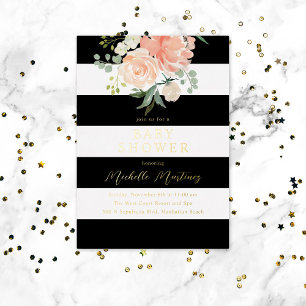 Black White Striped Floral Baby Shower Gold
