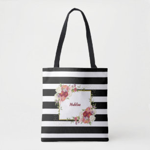 Black White Striped Floral Gold Personalised Tote Bag