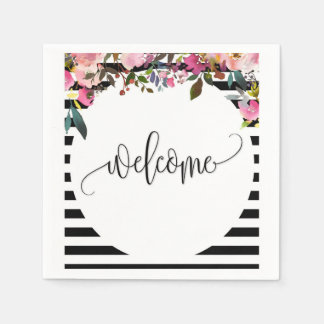 Black + White Striped Floral Paper Cocktail Napkin