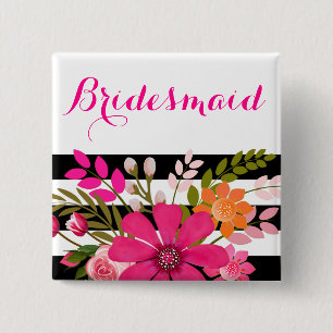 Black White Striped Flowers Bridesmaid fuchsia 15 Cm Square Badge