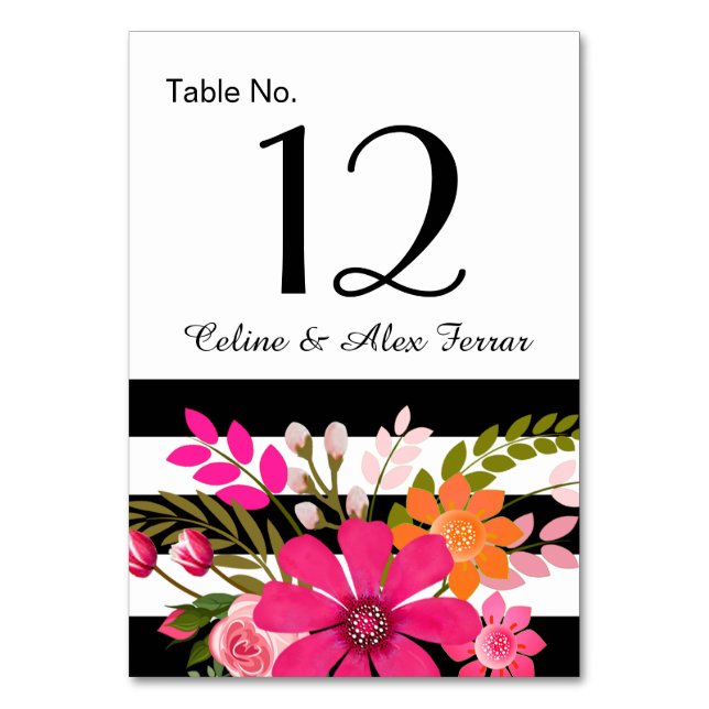 Black & White Striped Flowers Table Card | fuchsia (Front)