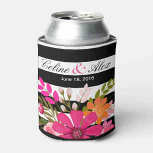Black & White Striped Folklore Flowers   fuchsia Can Cooler