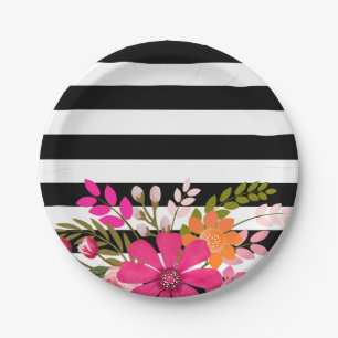 Black & White Striped Folklore Flowers fuchsia Paper Plate