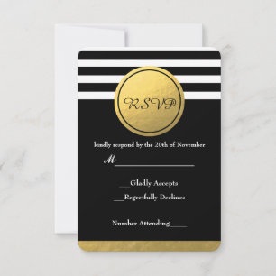Black & White Striped Gold Foil Circle RSVP Card