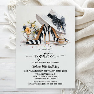 Black White Striped High Heel Shoes 18th Birthday Invitation