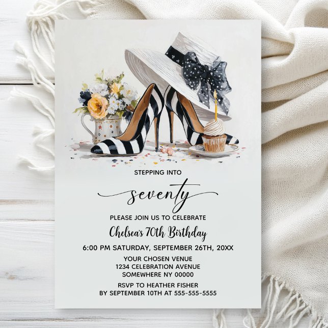 Black White Striped High Heel Shoes 70th Birthday Invitation (Creator Uploaded)