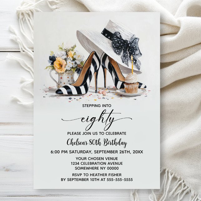 Black White Striped High Heel Shoes 80th Birthday Invitation (Creator Uploaded)