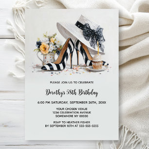 Black White Striped High Heel Shoes Birthday Party Invitation
