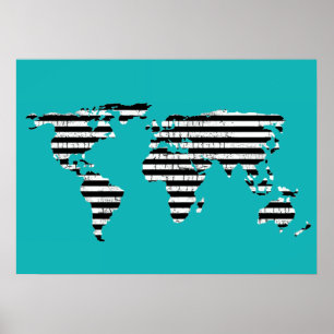 black white striped map turquoise poster