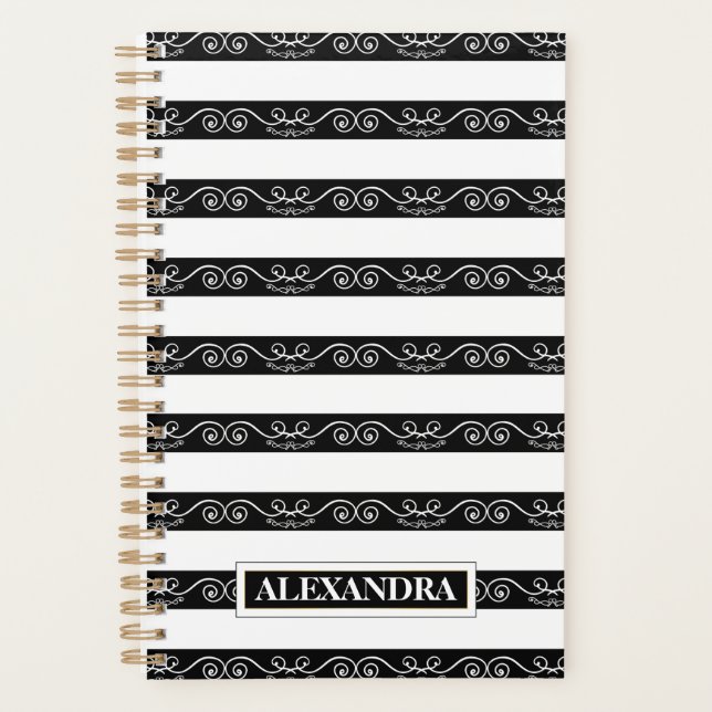 Black White striped Modern design Planner (Front)