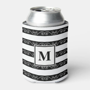 Black White striped Monogram design Can Cooler