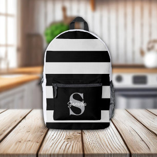 Black & White Striped Monogram Initial Name  Printed Backpack