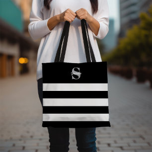 Black & White Striped Monogram Initial Name  Tote Bag